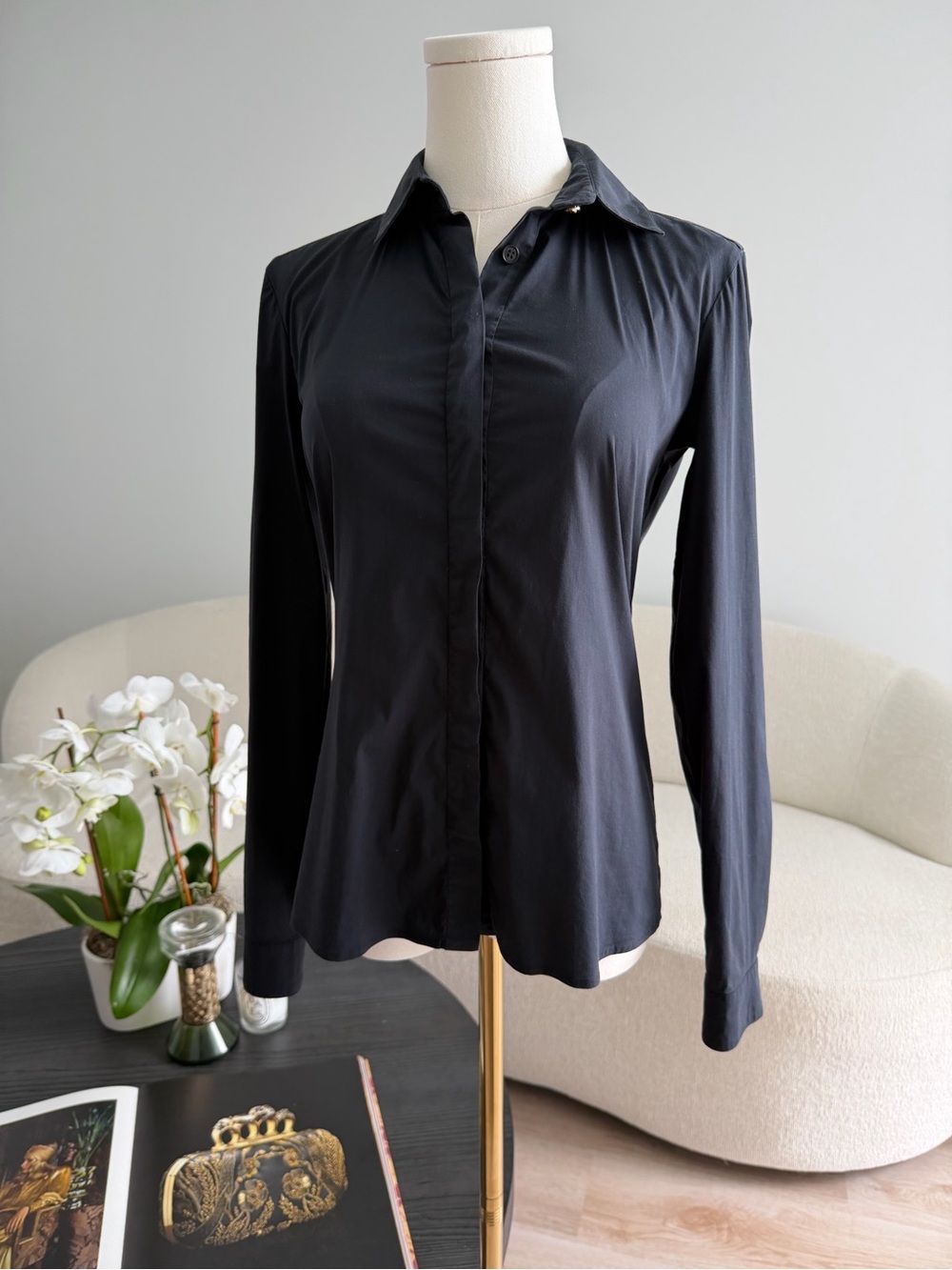 Versace Black Stretch Button Front Blouse Long Sleeve IT 38 Made in Italy - Picture 14 of 15